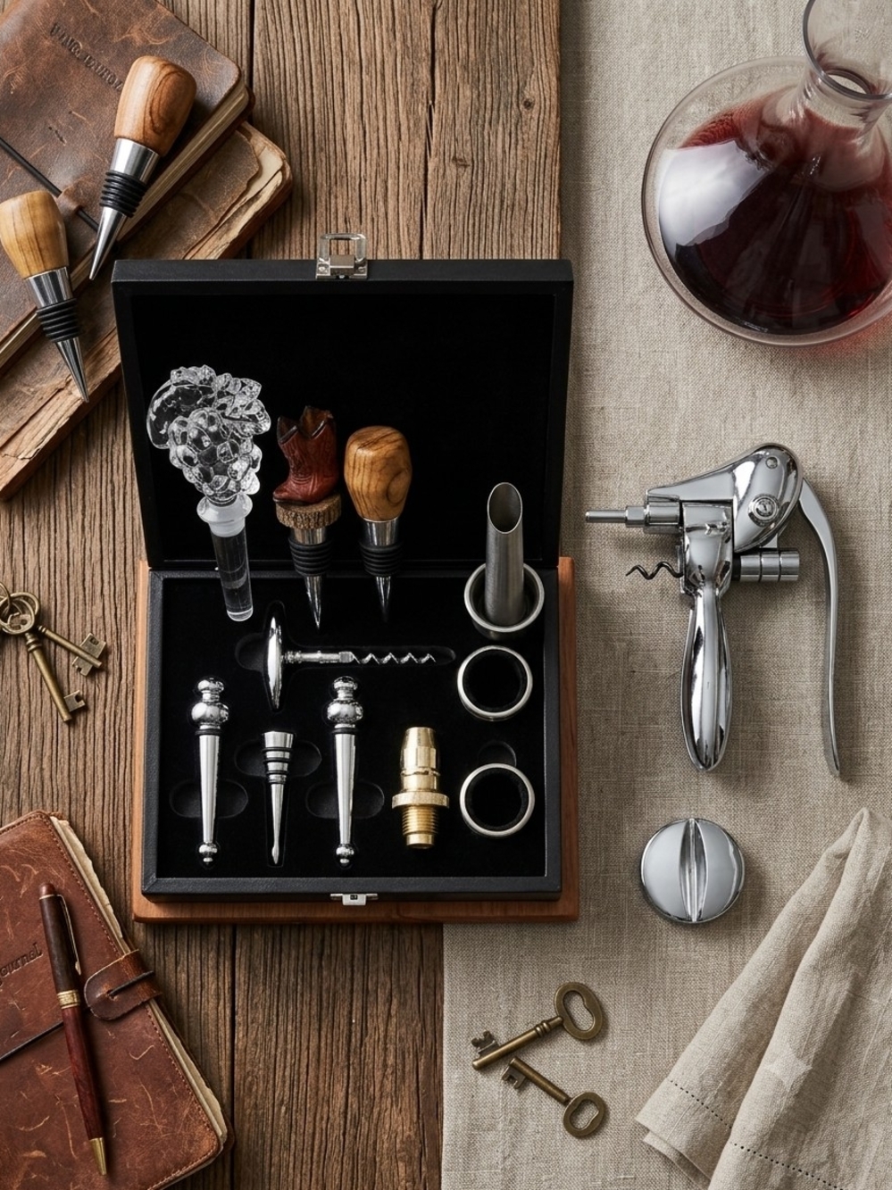 Classic Wine Accessory Set - Silver & Wood Finish